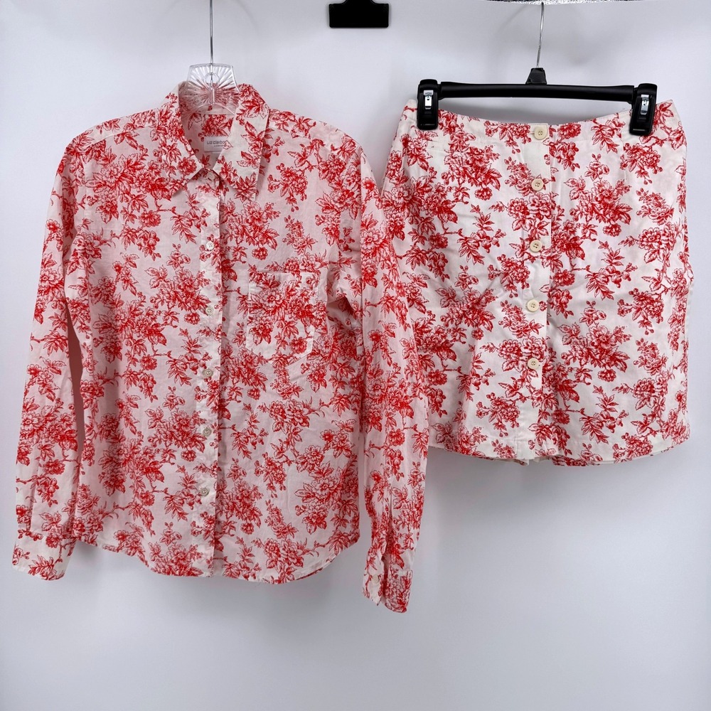 Liz Claiborne Lizsport Skort Shirt Set Small 6 Red White Floral Toile Cotton 2pc